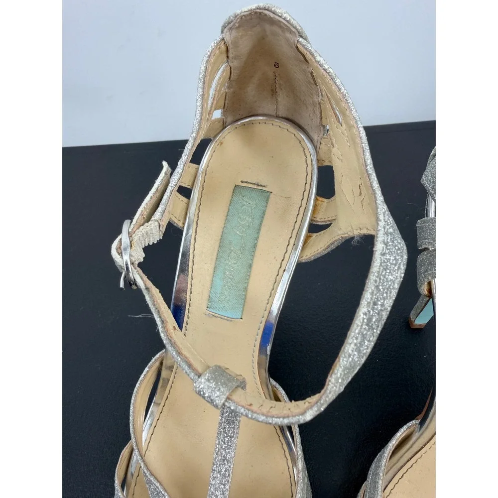 Betsey Johnson Blue Heels 6 Silver Good Glitter T-Strap Stiletto Glam Sparkle